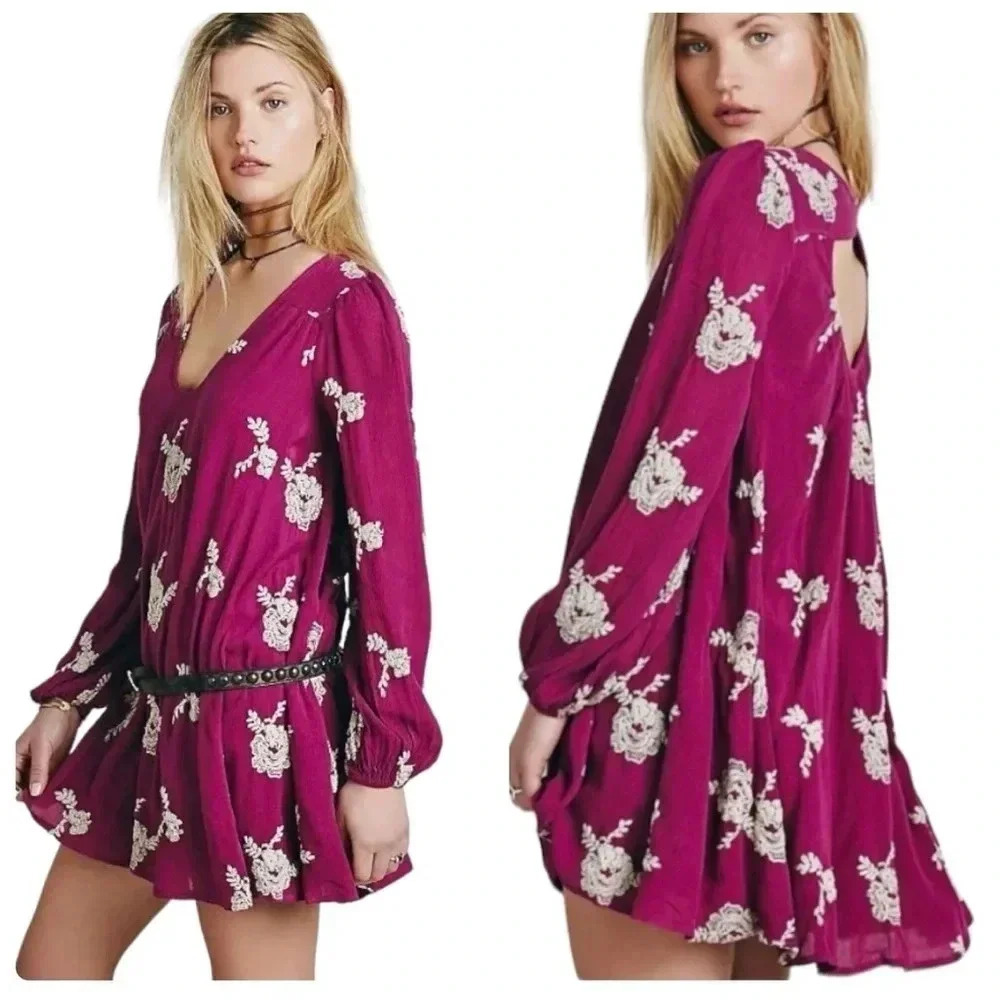 FREE PEOPLE | Floral Embroidered Boho  Back Cutout Cowgirl Swing Dress Size M